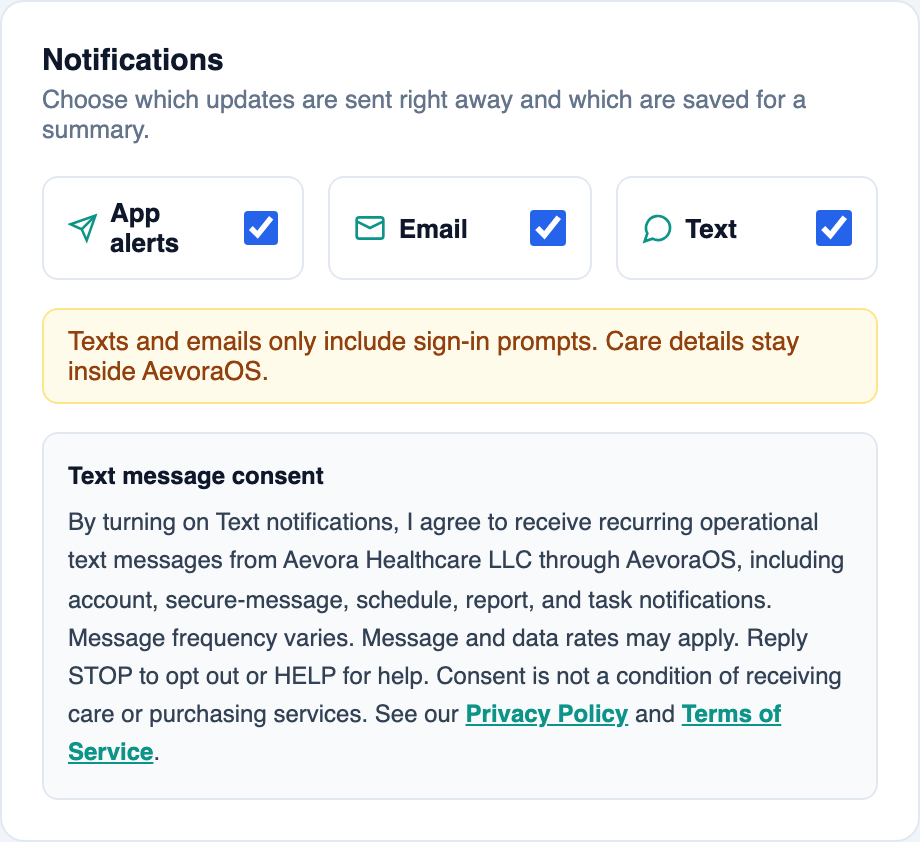 AevoraOS SMS opt-in form: Text notifications checkbox with the consent disclosure, message frequency, rates, STOP/HELP, and links to the Privacy Policy and Terms of Service.